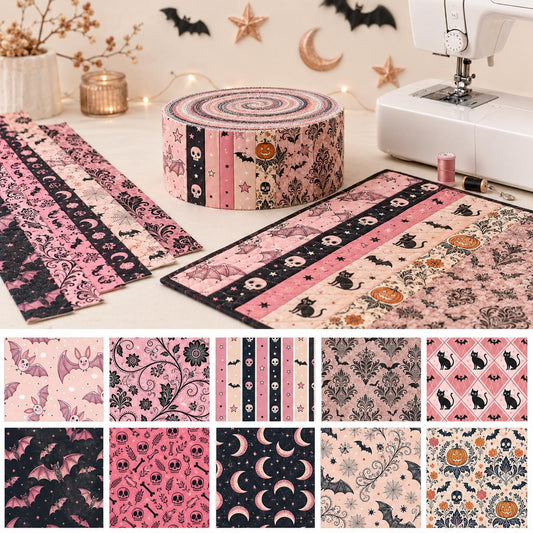 10pcs Vintage Skull Bat Cat Halloween Theme Jelly Roll Fabric Strips 2.5X19.7inch Pre-Cut 100% Polyester For Patchwork Quilts, Table Runners, Placemats, Tote Bags, Storage Pouches, Makeup Bags, Coasters, Quilt Blocks & Binding