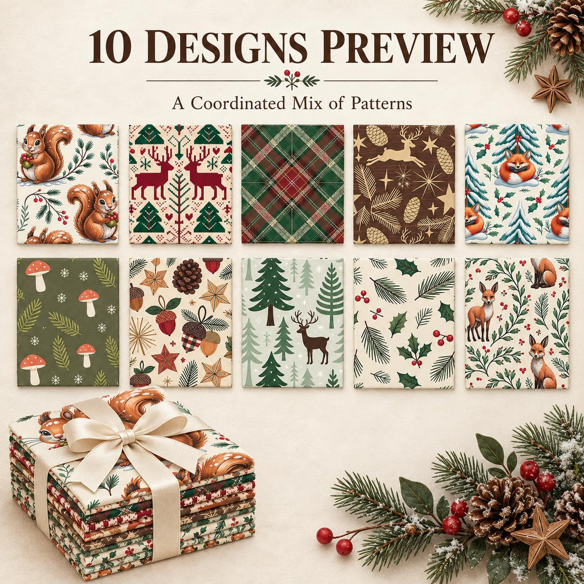 10Pc/Set Christmas Series Star Deer Fox Squirrel Holly Pinecones Fat Quarter Fabric, Pre-Cut Square Fabric Assort, Fabric Set, Craft Fabric, Handmade DIY Patchwork Fabric,Home Quilting Sewing Fabric, Packaging Fabric, Scrapbooking Craft Hobbyist