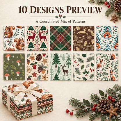10Pc/Set Christmas Series Star Deer Fox Squirrel Holly Pinecones Fat Quarter Fabric, Pre-Cut Square Fabric Assort, Fabric Set, Craft Fabric, Handmade DIY Patchwork Fabric,Home Quilting Sewing Fabric, Packaging Fabric, Scrapbooking Craft Hobbyist