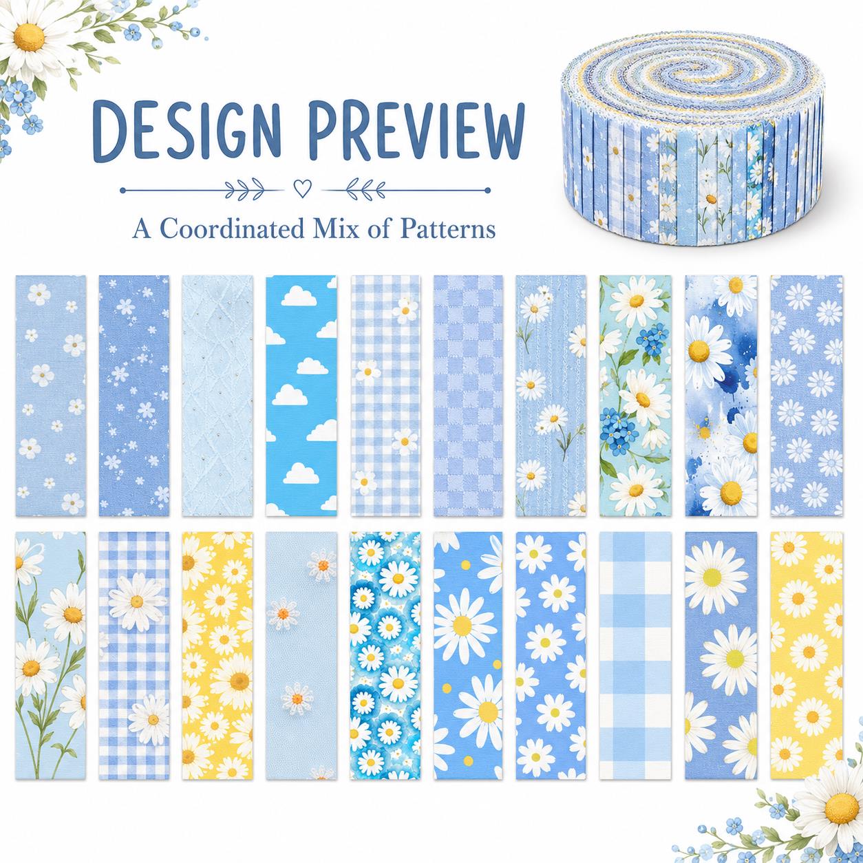 20pcs Vintage Daisy Floral Blue Series Jelly Roll Sliced Fabric Strips 2.5X19.7inch Fresh and Delicate Printed Pre-cut Multi-Color 100% Polyester for DIY Handmade Patchwork, Table Runners, Placemats, Tote Bags, Storage Pouches, Makeup Bags, Coasters