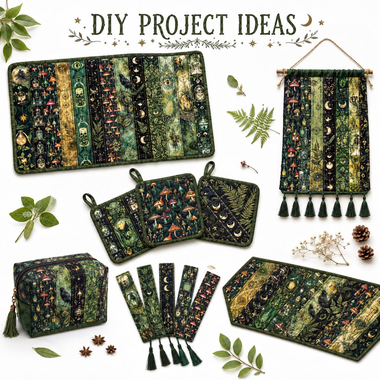 10pcs Vintage Wishing Bottle Skull Dark Pattern Jelly Roll Fabric Strips 2.5X19.7inch Pre-cut 100% Polyester for Patchwork Quilts, Table Runners, Placemats, Tote Bags, Storage Pouches, Makeup Bags, Coasters, Quilt Blocks & Binding Halloween Gift