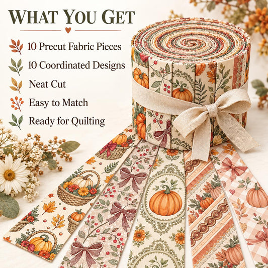 10pcs Vintage Pumpkin Autumn Theme Jelly Roll Fabric Strips 2.5X19.7inch Pre-Cut 100% Polyester For Patchwork Quilts, Table Runners, Placemats, Tote Bags, Storage Pouches, Makeup Bags, Coasters, Quilt Blocks & Binding