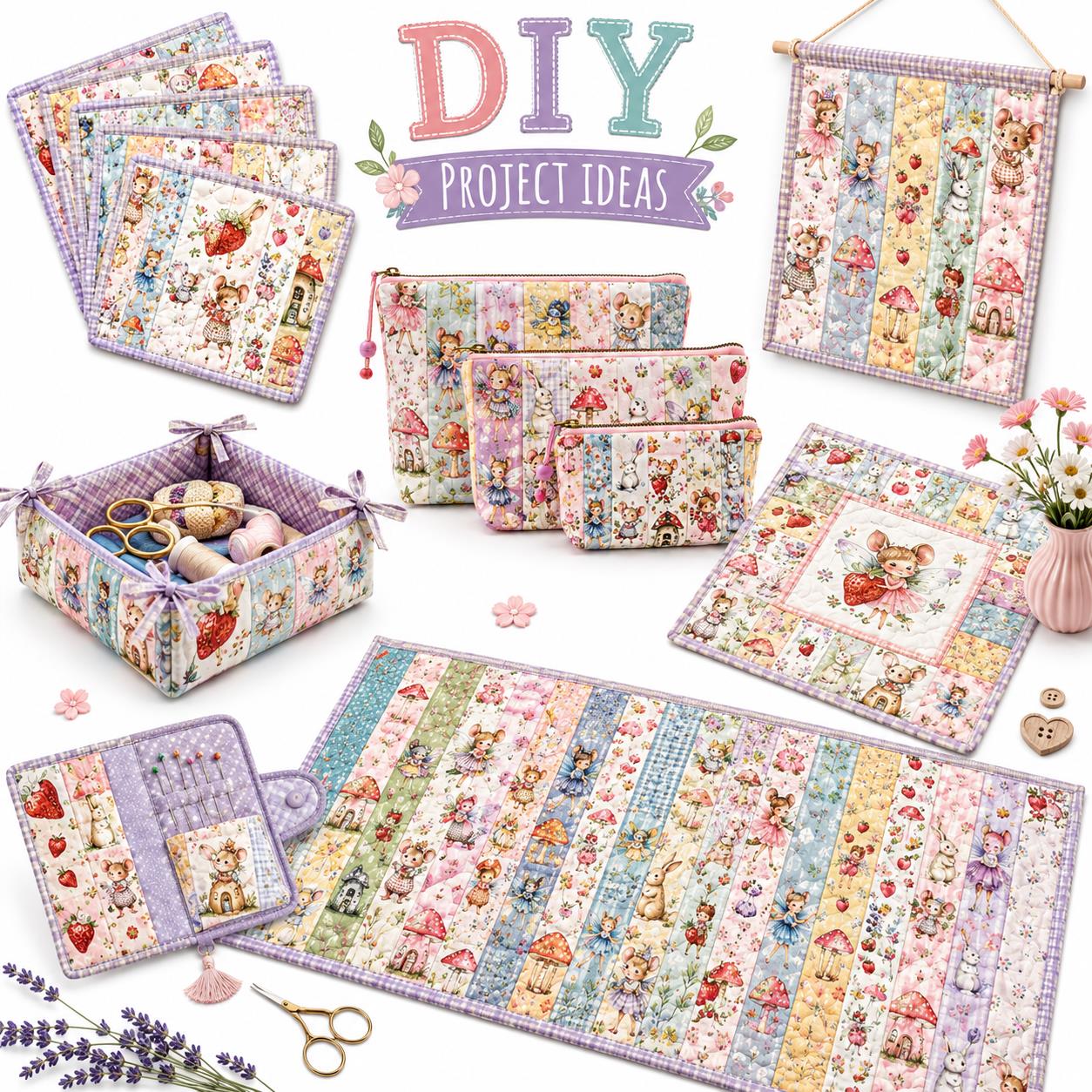 20pcs Vintage Mouse Fruit Jelly Roll Sliced Fabric Strips 2.5X19.7inch Pre-cut Fresh and Delicate Printed Multi-Color 100% Polyester for DIY Handmade Patchwork, Table Runners, Placemats, Tote Bags, Storage Pouches, Makeup Bags, Coasters, Quilt Blocks