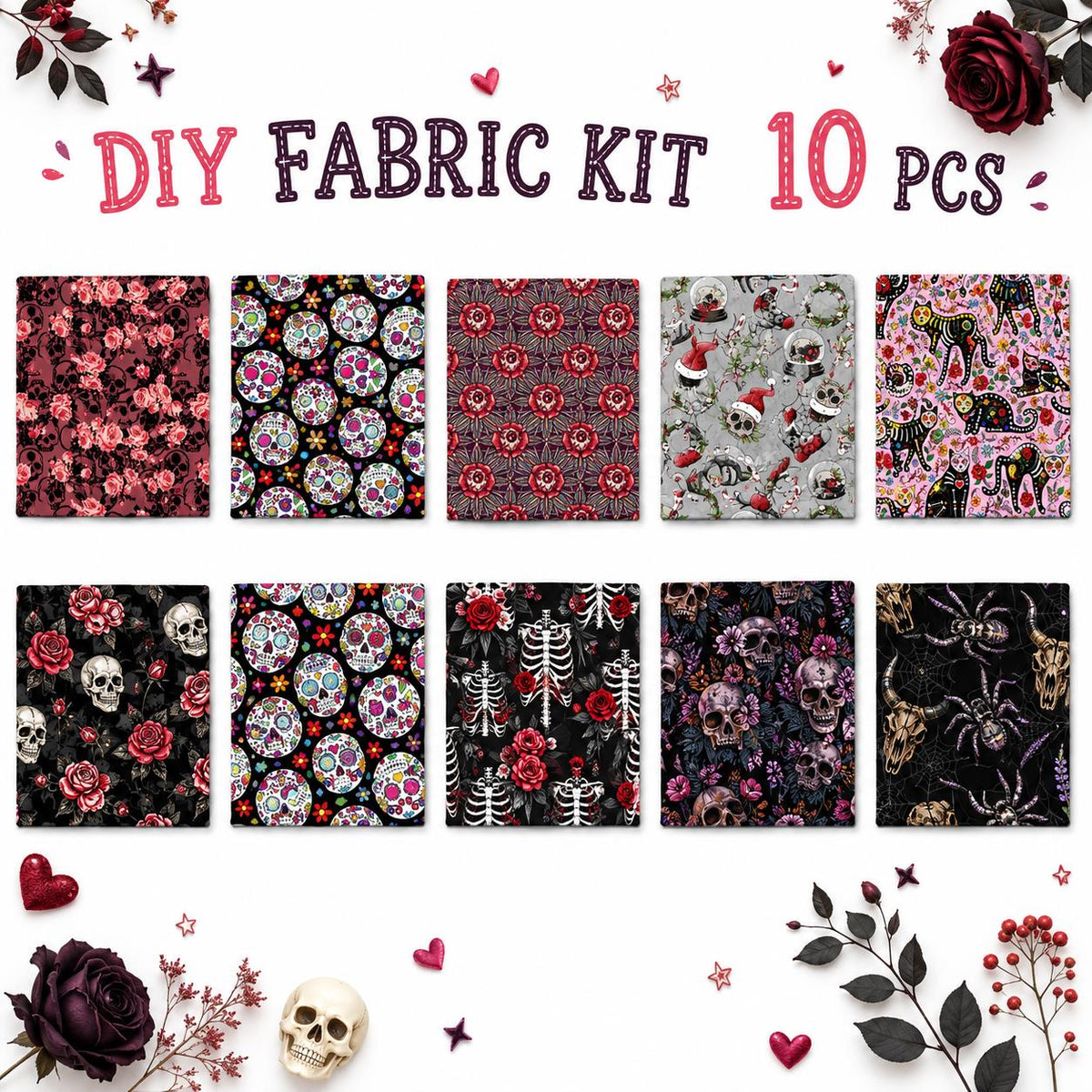 10Pc/Set Halloween Series Spider Skull Rose Cat Fat Quarter Fabric, Pre-Cut Square Fabric Assort, Fabric Set, Craft Fabric, Handmade DIY Patchwork Fabric,Home Quilting Sewing Fabric, Packaging Fabric, Scrapbooking Craft