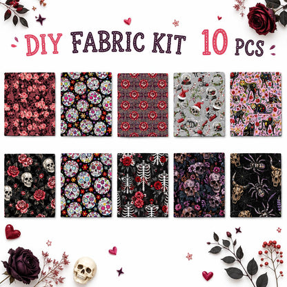 10Pc/Set Halloween Series Spider Skull Rose Cat Fat Quarter Fabric, Pre-Cut Square Fabric Assort, Fabric Set, Craft Fabric, Handmade DIY Patchwork Fabric,Home Quilting Sewing Fabric, Packaging Fabric, Scrapbooking Craft