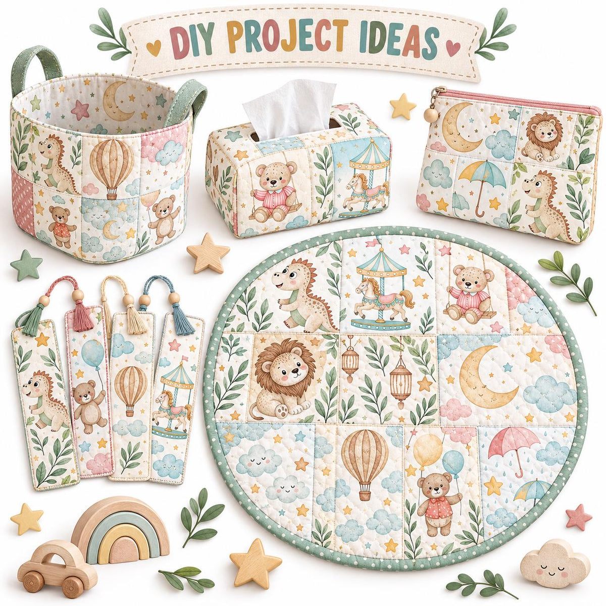 10Pc/Set Animal Series Dinosaurs Lions Bear Moon Umbrella Balloon Cloud Fat Quarter Fabric, Pre-Cut Square Fabric Assort, Fabric Set, Craft Fabric, Handmade DIY Patchwork Fabric,Home Quilting Sewing Fabric, Packaging Fabric, Scrapbooking Craft Hobbyist