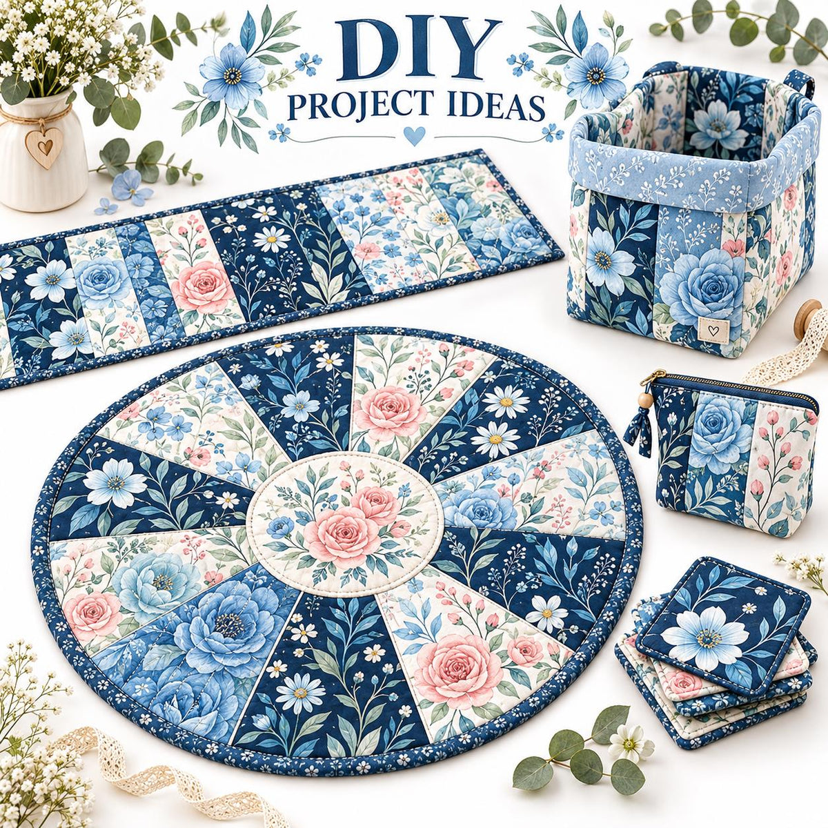 10pcs Vintage Blue Floral Pattern Jelly Roll Fabric Strips 2.5X19.7inch Pre-Cut 100% Polyester For Patchwork Quilts, Table Runners, Placemats, Tote Bags, Storage Pouches, Makeup Bags, Coasters, Quilt Blocks & Binding