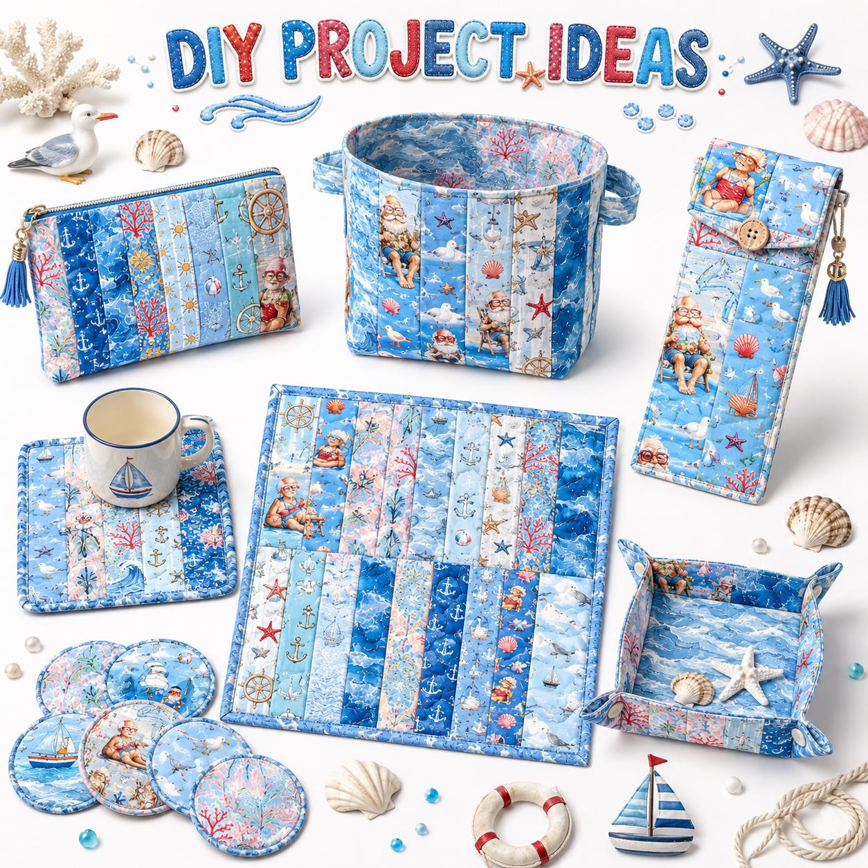 10Pc/Set, Making 10 Images 1pc Each, Each Size: 6.3*50cm Grandma Beach Ocean Series Sliced Fabric Set Style Combination, Polyester Jelly Roll Fabric Strips, Pre-Cut Quilting Squares, For Quilting DIY, Handicrafts And Sewing, Blankets, Rugs