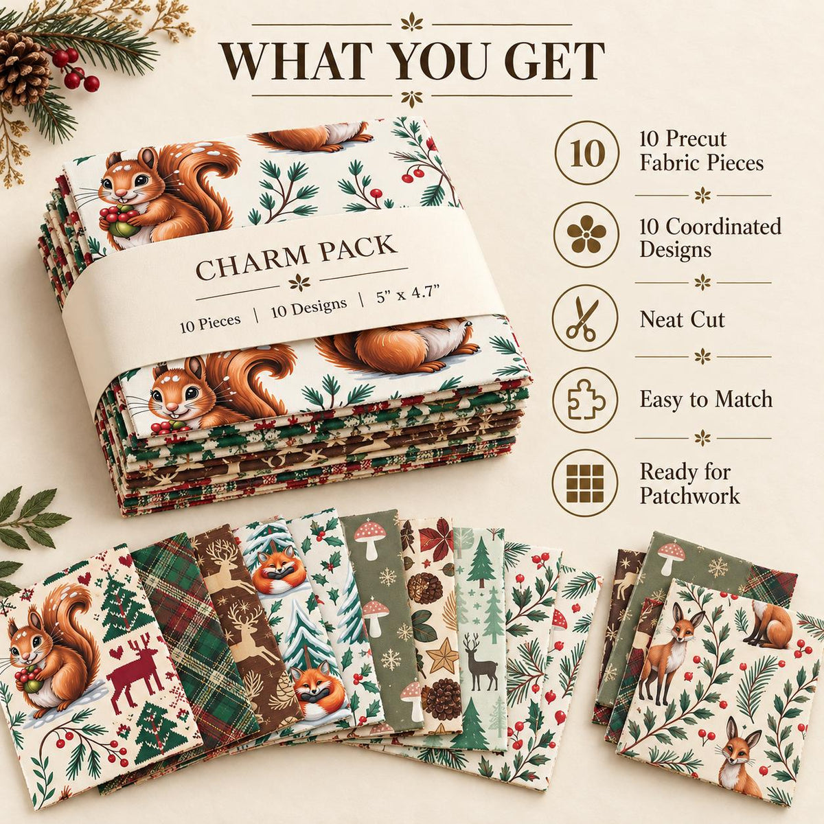 10Pc/Set Christmas Series Star Deer Fox Squirrel Holly Pinecones Fat Quarter Fabric, Pre-Cut Square Fabric Assort, Fabric Set, Craft Fabric, Handmade DIY Patchwork Fabric,Home Quilting Sewing Fabric, Packaging Fabric, Scrapbooking Craft Hobbyist
