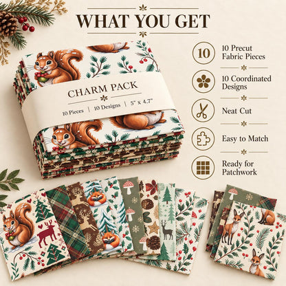 10Pc/Set Christmas Series Star Deer Fox Squirrel Holly Pinecones Fat Quarter Fabric, Pre-Cut Square Fabric Assort, Fabric Set, Craft Fabric, Handmade DIY Patchwork Fabric,Home Quilting Sewing Fabric, Packaging Fabric, Scrapbooking Craft Hobbyist