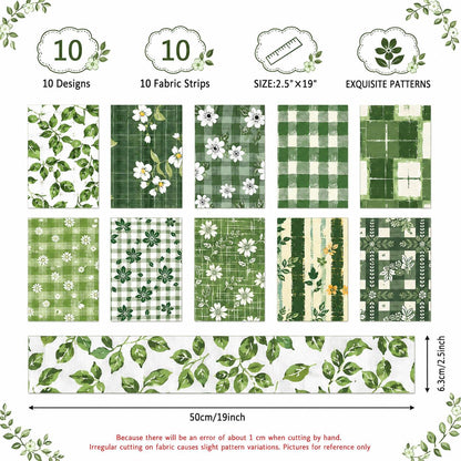 10pcs Vintage Floral Green Pattern Jelly Roll Fabric Strips 2.5X19.7inch Pre-cut 100% Polyester for Patchwork Quilts, Table Runners, Placemats, Tote Bags, Storage Pouches, Makeup Bags, Coasters, Quilt Blocks & Binding Multi-color