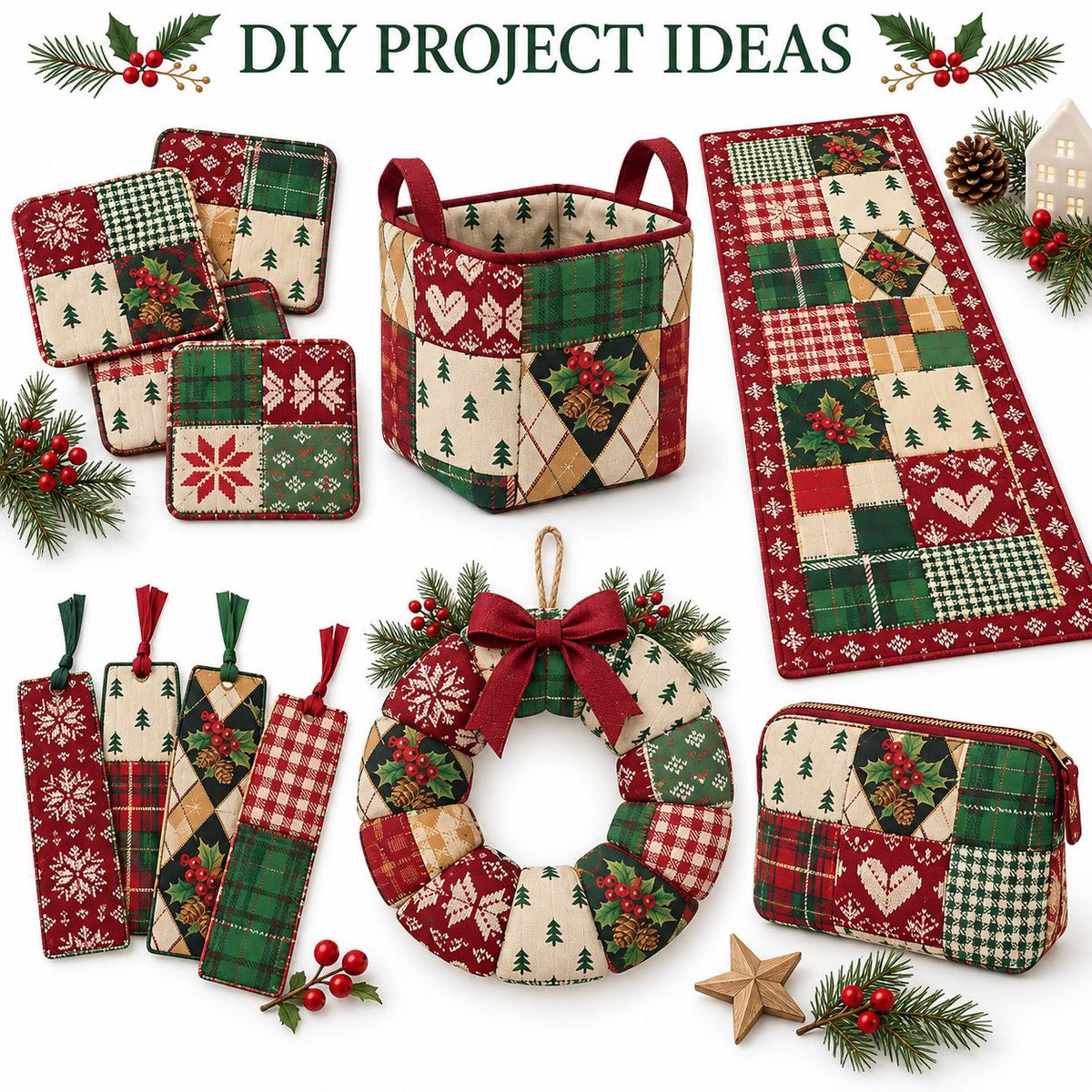 10Pc/Set Christmas Series Stripe Heart Plaid Holly Pinecones Fat Quarter Fabric, Pre-Cut Square Fabric Assort, Fabric Set, Craft Fabric, Handmade DIY Patchwork Fabric,Home Quilting Sewing Fabric, Packaging Fabric, Scrapbooking Craft Hobbyist