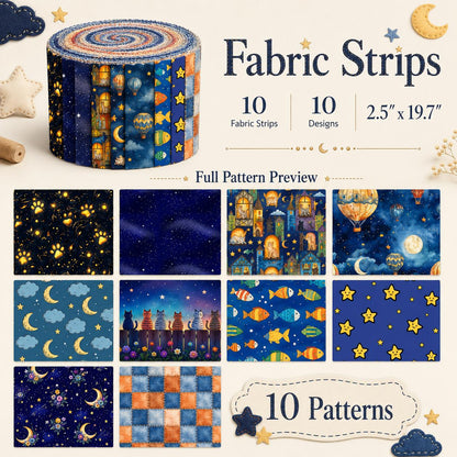 10pcs Vintage Moon Cat Fish Night Pattern Jelly Roll Fabric Strips 2.5X19.7inch Pre-cut 100% Polyester for Patchwork Quilts, Table Runners, Placemats, Tote Bags, Storage Pouches, Makeup Bags, Coasters, Quilt Blocks & Binding Halloween Gift