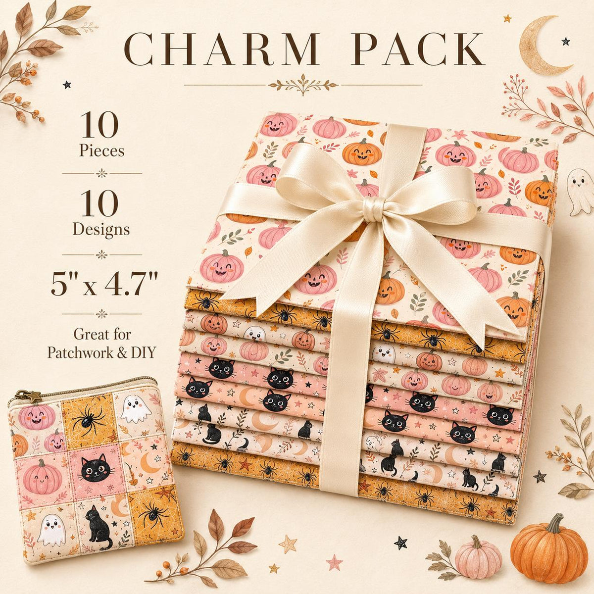 10Pc/Set Halloween Series Star Skull Pumpkin Cat Moon Fat Quarter Fabric, Pre-Cut Square Fabric Assort, Fabric Set, Craft Fabric, Handmade DIY Patchwork Fabric,Home Quilting Sewing Fabric, Packaging Fabric, Scrapbooking Craft Hobbyist