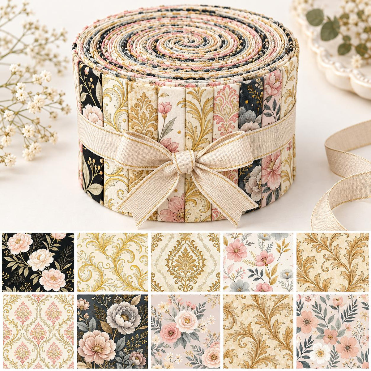 10pcs Vintage Floral Burgundy Pattern Jelly Roll Fabric Strips 2.5X19.7inch Pre-Cut 100% Polyester For Patchwork Quilts, Table Runners, Placemats, Tote Bags, Storage Pouches, Makeup Bags, Coasters, Quilt Blocks & Binding