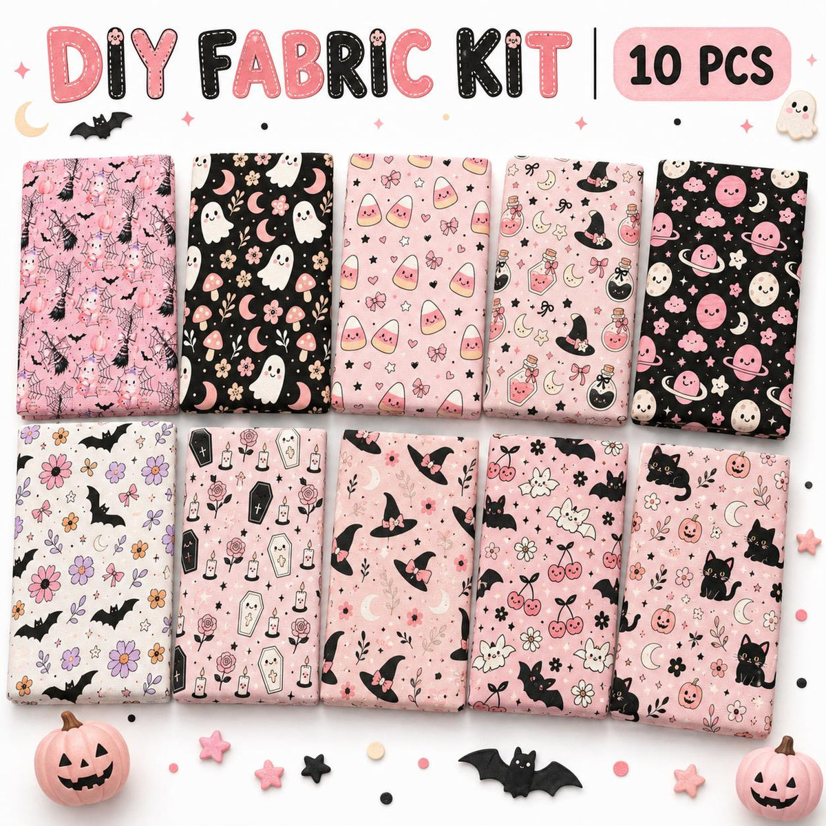 10Pc/Set Halloween Series Flower Bowknot Skull Pumpkin Cat Candy Cherry Mushroom Bat Rose Fat Quarter Fabric, Pre-Cut Square Fabric Assort, Fabric Set, Craft Fabric, Handmade DIY Patchwork Fabric,Home Quilting Sewing Fabric, Packaging Fabric, Scrapbooking