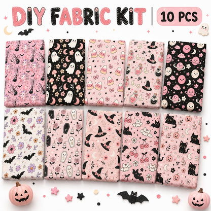 10Pc/Set Halloween Series Flower Bowknot Skull Pumpkin Cat Candy Cherry Mushroom Bat Rose Fat Quarter Fabric, Pre-Cut Square Fabric Assort, Fabric Set, Craft Fabric, Handmade DIY Patchwork Fabric,Home Quilting Sewing Fabric, Packaging Fabric, Scrapbooking