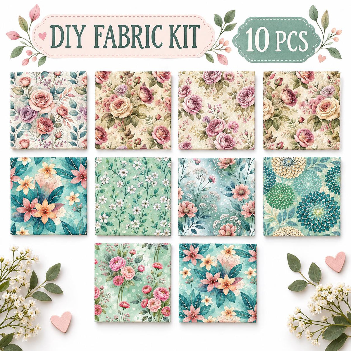 10Pc/Set Flower Series Fat Quarter Fabric, Pre-Cut Square Fabric Assort, Fabric Set, Craft Fabric, Handmade DIY Patchwork Fabric,Home Quilting Sewing Fabric, Packaging Fabric, Scrapbooking Craft Hobbyist