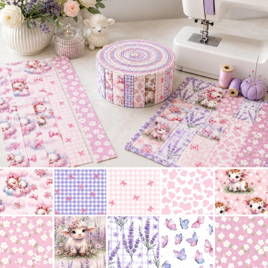 10pcs Vintage Lavender Cow Butterfly Pattern Jelly Roll Fabric Strips 2.5X19.7inch Pre-Cut 100% Polyester For Patchwork Quilts, Table Runners, Placemats, Tote Bags, Storage Pouches, Makeup Bags, Coasters, Quilt Blocks & Binding Multi-Color