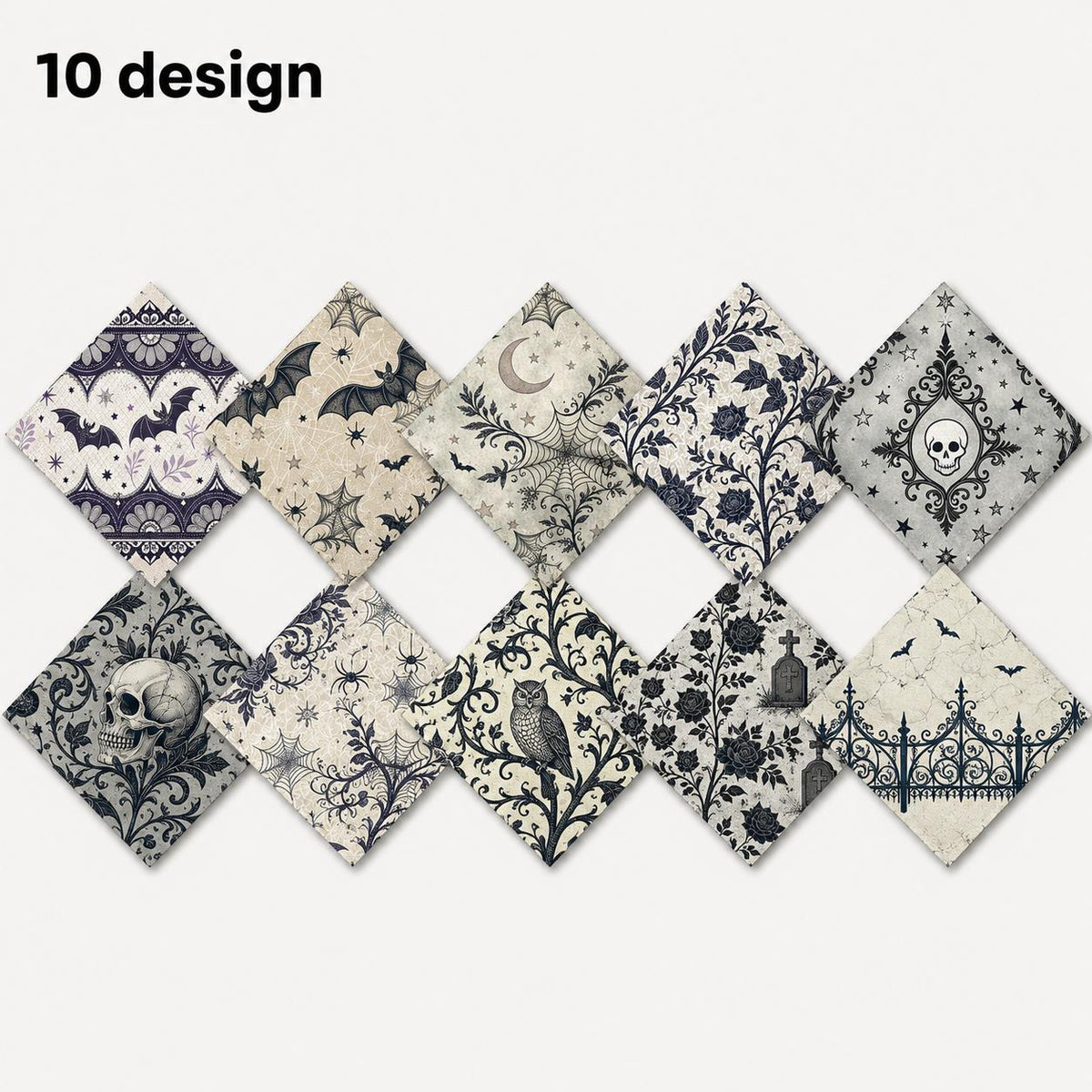 10Pc/Set Halloween Design Fat Quarter Fabric Set, Pre-Cut Square Craft Fabric with skull Cat Pumpkin Bat Design, Handmade DIY Patchwork Fabric for Home Quilting Sewing, Scrapbooking Craft, Holiday Decor