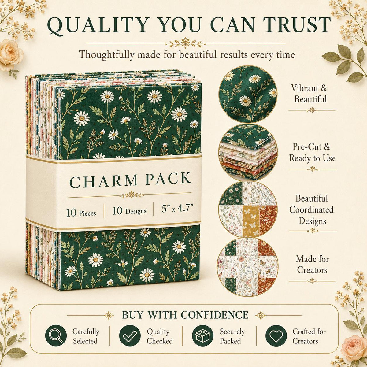 10pcs Charm Pack Set Floral Pattern 100% Polyester Patchwork in 10 Design Styles, Ready-to-Sew Without Cutting, Suitable For Patchwork Wallet Making Gift Giving Tote Bags Coasters DIY Craft Projects