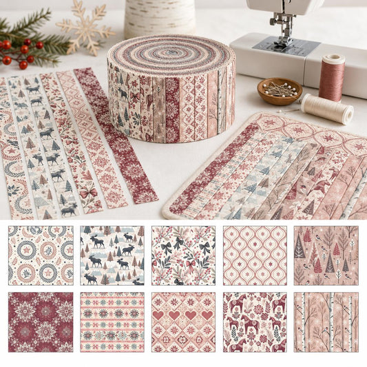 10pcs Vintage Christmas Snow Bird Pattern Jelly Roll Fabric Strips 2.5X19.7inch Pre-Cut 100% Polyester For Patchwork Quilts, Table Runners, Placemats, Tote Bags, Storage Pouches, Makeup Bags, Coasters, Quilt Blocks & Binding