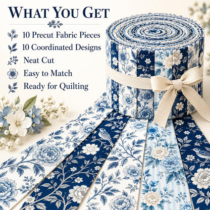 10pcs Vintage Blue Floral Pattern Jelly Roll Fabric Strips 2.5X19.7inch Pre-Cut 100% Polyester For Patchwork Quilts, Table Runners, Placemats, Tote Bags, Storage Pouches, Makeup Bags, Coasters, Quilt Blocks & Binding