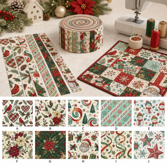 10pcs Vintage Holly Snowman Santa Christmas Pattern Jelly Roll Fabric Strips 2.5X19.7inch Pre-Cut 100% Polyester For Patchwork Quilts, Table Runners, Placemats, Tote Bags, Storage Pouches, Makeup Bags, Coasters, Quilt Blocks & Binding