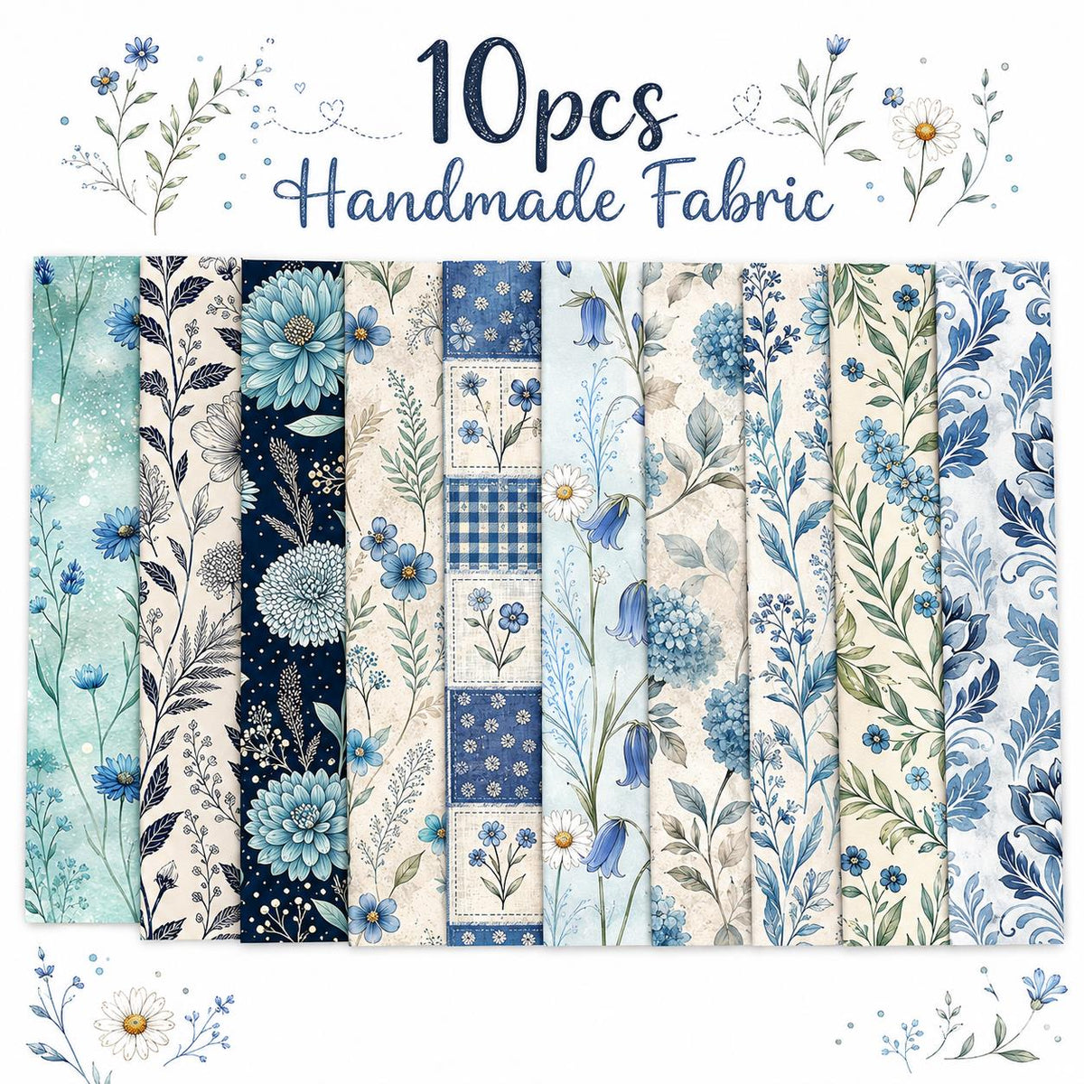10pcs Vintage Blue Hydrangea Floral Pattern Jelly Roll Fabric Strips 2.5X19.7inch Pre-Cut 100% Polyester For Patchwork Quilts, Table Runners, Placemats, Tote Bags, Storage Pouches, Makeup Bags, Coasters, Quilt Blocks & Binding