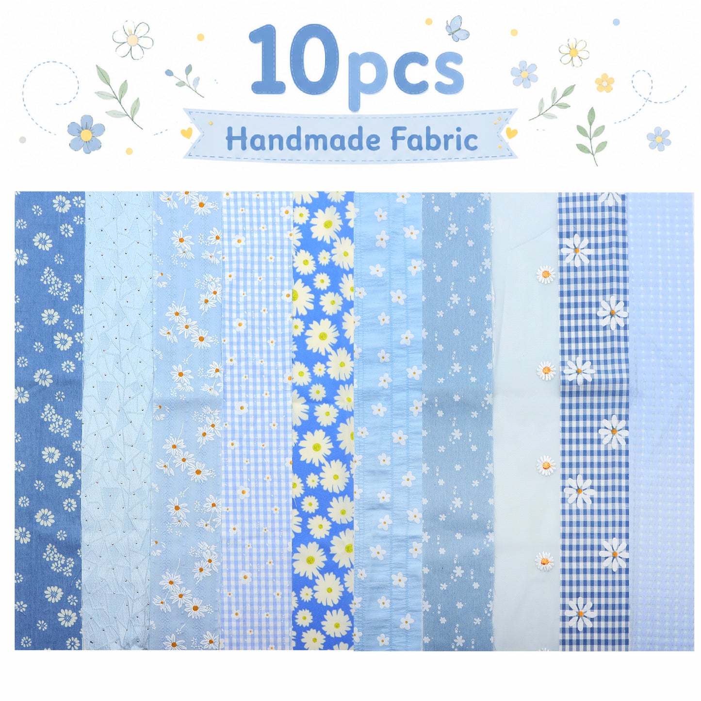 10Pc/Set, Making 10 Images 1pc Each, Each Size: 6.3*50cm Daisy Floral Blue Series Sliced Fabric Set Style Combination, Polyester Jelly Roll Fabric Strips, Pre-Cut Quilting Squares, For Quilting DIY, Handicrafts And Sewing, Blankets, Rugs