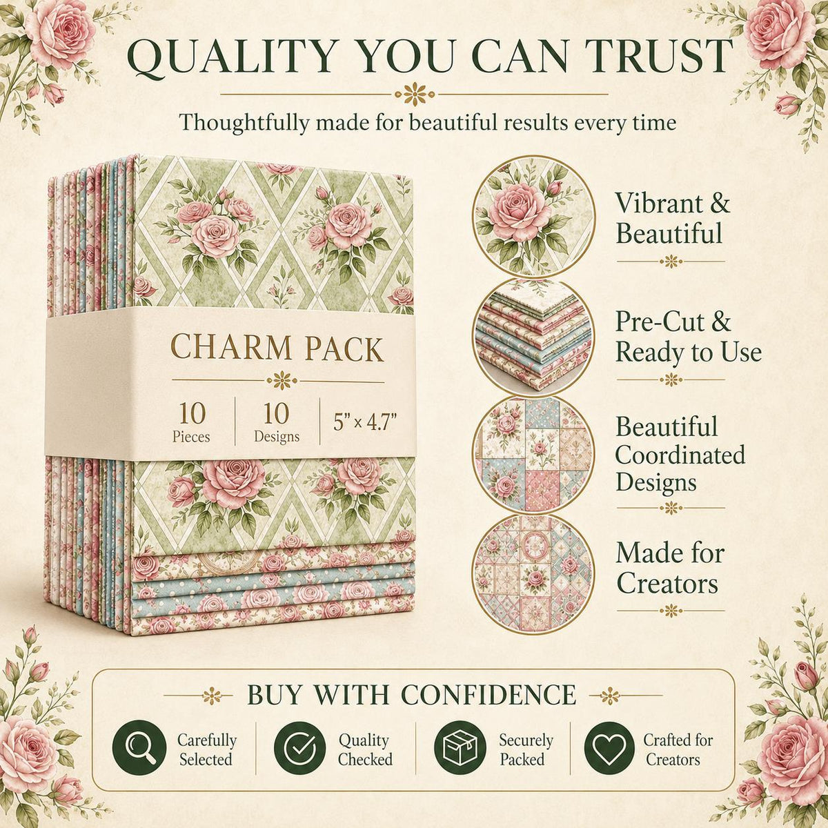 10pcs Charm Pack Set Floral Pattern Vintage Style Handmade DIY with Rich Color and Texture Elements 100% Polyester Patchwork in 10 Design Styles Suitable for Patchwork DIY Craft Projects DIY Wallet Making Gift Giving Bag Making Mother's Day Gift