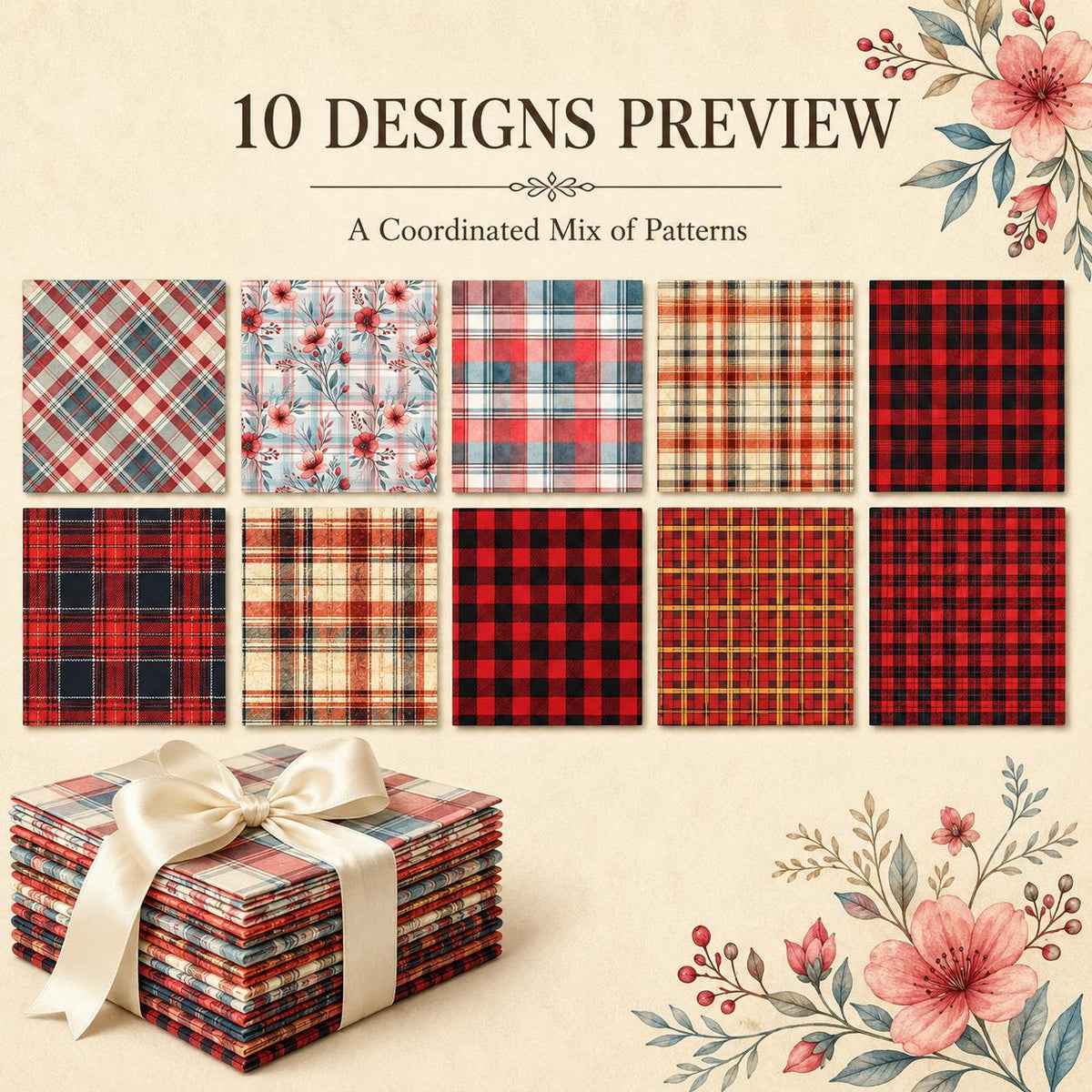 10Pc/Set Christmas Plaid Series Flower Fat Quarter Fabric, Pre-Cut Square Fabric Assort, Fabric Set, Craft Fabric, Handmade DIY Patchwork Fabric,Home Quilting Sewing Fabric, Packaging Fabric, Scrapbooking Craft Hobbyist