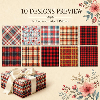10Pc/Set Christmas Plaid Series Flower Fat Quarter Fabric, Pre-Cut Square Fabric Assort, Fabric Set, Craft Fabric, Handmade DIY Patchwork Fabric,Home Quilting Sewing Fabric, Packaging Fabric, Scrapbooking Craft Hobbyist