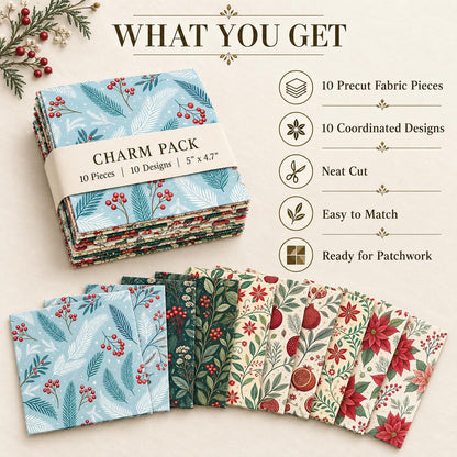 10Pc/Set Christmas Series Flower Pomegranate Holly Fat Quarter Fabric, Pre-Cut Square Fabric Assort, Fabric Set, Craft Fabric, Handmade DIY Patchwork Fabric,Home Quilting Sewing Fabric, Packaging Fabric, Scrapbooking Craft Hobbyist