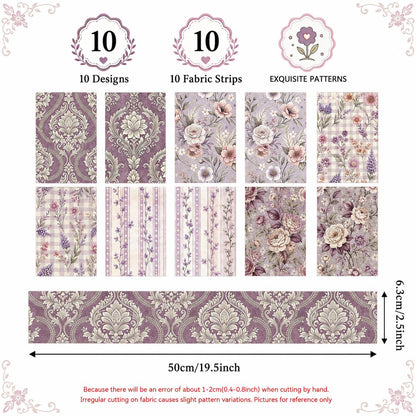 10pcs Vintage Floral Burgundy Pattern Jelly Roll Fabric Strips 2.5X19.7inch Pre-Cut 100% Polyester For Patchwork Quilts, Table Runners, Placemats, Tote Bags, Storage Pouches, Makeup Bags, Coasters, Quilt Blocks & Binding