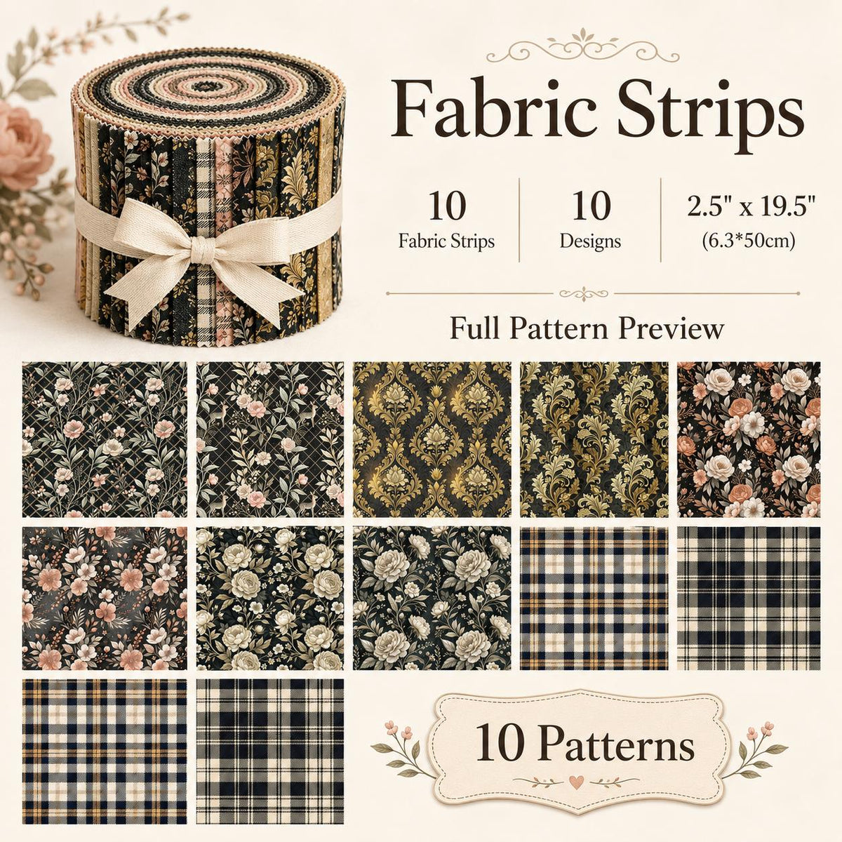 10pcs Vintage Floral Pattern Jelly Roll Fabric Strips 2.5X19.7inch Pre-Cut 100% Polyester For Patchwork Quilts, Table Runners, Placemats, Tote Bags, Storage Pouches, Makeup Bags, Coasters, Quilt Blocks & Binding