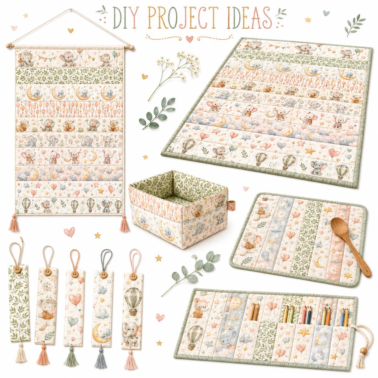 10pcs Vintage Elephant Pattern Jelly Roll Fabric Strips 2.5X19.7inch Pre-cut 100% Polyester for Patchwork Quilts, Table Runners, Placemats, Tote Bags, Storage Pouches, Makeup Bags, Coasters, Quilt Blocks & Binding