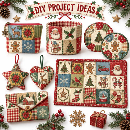 10Pc/Set Christmas Series Bowknot Flower Bell Star Plaid Deer Tree Mouse Holly House Pinecones Northern Cardinal Fat Quarter Fabric, Pre-Cut Square Fabric Assort, Fabric Set, Craft Fabric, Handmade DIY Patchwork Fabric,Home Quilting Sewing Fabric, Packagi