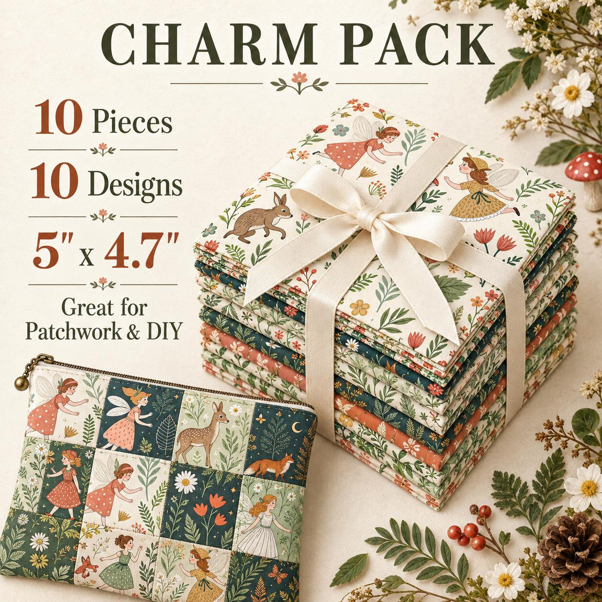 10Pc/Set Flower Series Deer Tree Fox Mushroom Fat Quarter Fabric, Pre-Cut Square Fabric Assort, Fabric Set, Craft Fabric, Handmade DIY Patchwork Fabric,Home Quilting Sewing Fabric, Packaging Fabric, Scrapbooking Craft Hobbyist