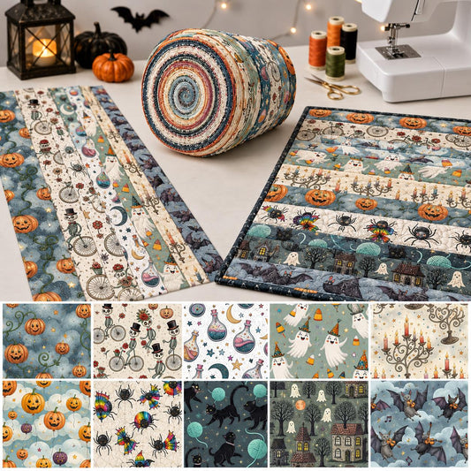10pcs Vintage Halloween Bike Bat Ghost Theme Jelly Roll Fabric Strips 2.5X19.7inch Pre-Cut 100% Polyester For Patchwork Quilts, Table Runners, Placemats, Tote Bags, Storage Pouches, Makeup Bags, Coasters, Quilt Blocks & Binding