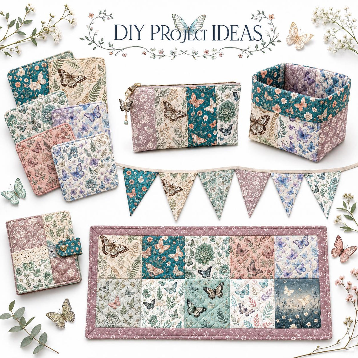 10pcs Charm Pack Set Floral Butterfly Pattern Vintage Style Handmade DIY with Rich Color and Texture Elements 100% Polyester Patchwork in 10 Design Styles Suitable for Patchwork DIY Craft Projects DIY Wallet Making Gift Giving Bag Making Mother's Day Gift