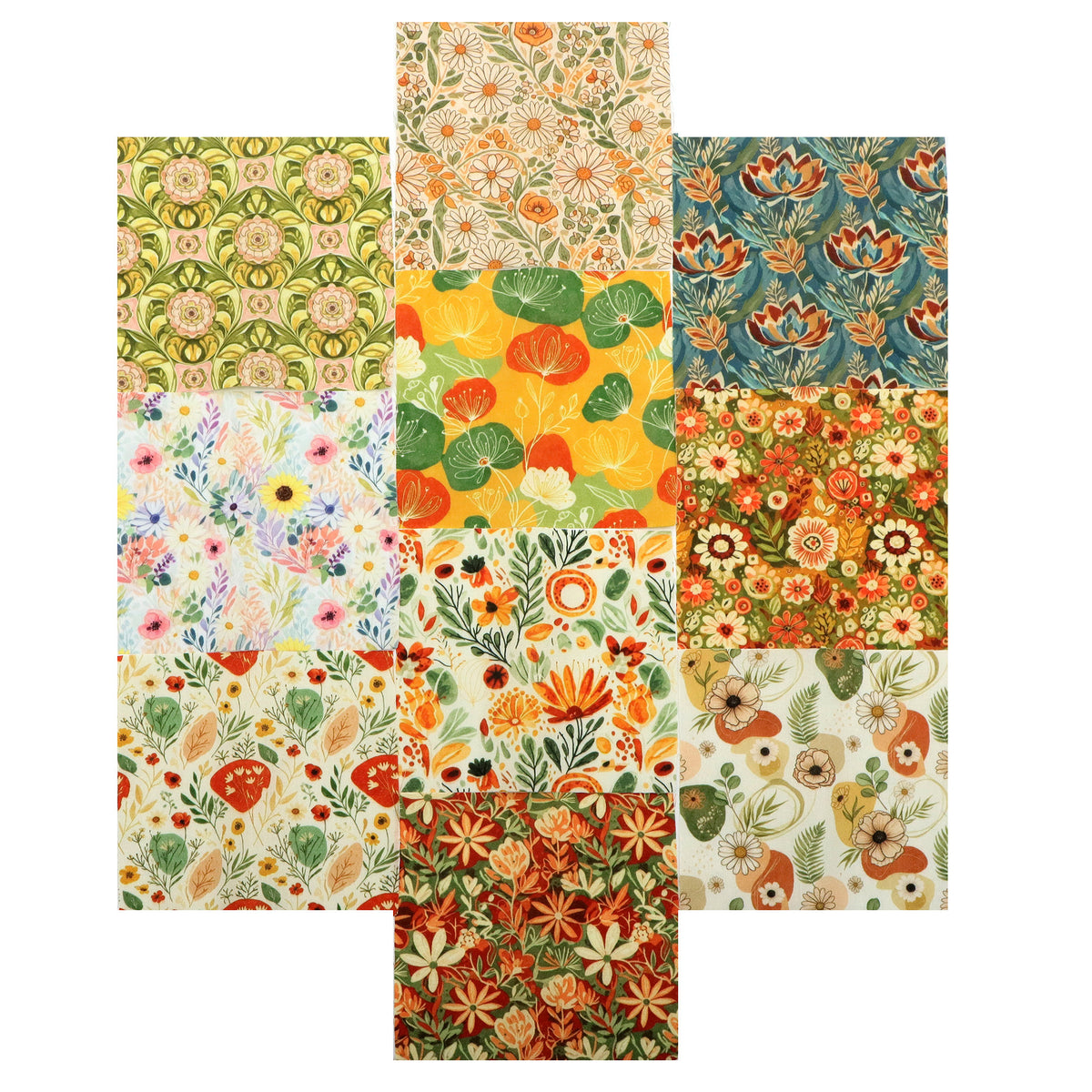 10pcs Charm Pack Set PaInt Splatter Floral Pattern 100% Polyester Patchwork in 10 Design Styles, Ready-To-Sew Without Cutting, Suitable For Patchwork Wallet Making Gift Giving Tote Bags Coasters DIY Craft Projects