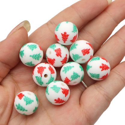 Christmas Tree Silicone Beads for Jewelry Making - Pearlescent Loose Round Beads with Hole, DIY Craft Supplies for Bracelets, Keychains, Handmade Fashion Accessories - 5PCS Assortment