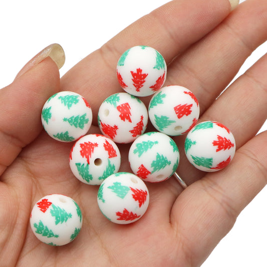 Christmas Tree Silicone Beads for Jewelry Making - Pearlescent Loose Round Beads with Hole, DIY Craft Supplies for Bracelets, Keychains, Handmade Fashion Accessories - 5PCS Assortment