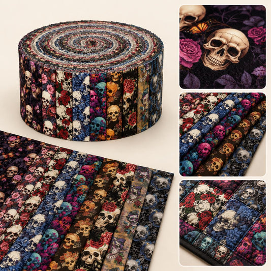 10pcs Skull Halloween Pattern Jelly Roll Fabric Strips 2.5X19.7inch Pre-cut 100% Polyester for Patchwork Quilts, Table Runners, Placemats, Tote Bags, Storage Pouches, Makeup Bags, Coasters, Quilt Blocks & Binding