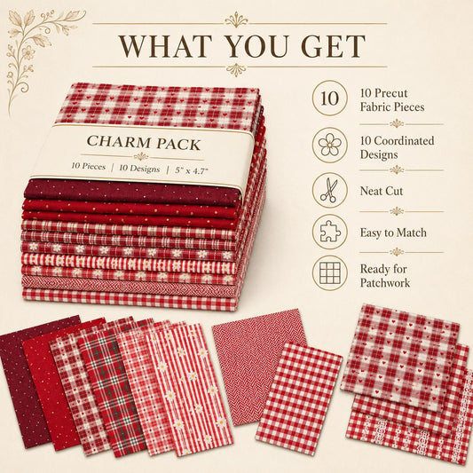 10Pc/Set Christmas Plaid Series Heart Dot Flower Fat Quarter Fabric, Pre-Cut Square Fabric Assort, Fabric Set, Craft Fabric, Handmade DIY Patchwork Fabric,Home Quilting Sewing Fabric, Packaging Fabric, Scrapbooking Craft Hobbyist