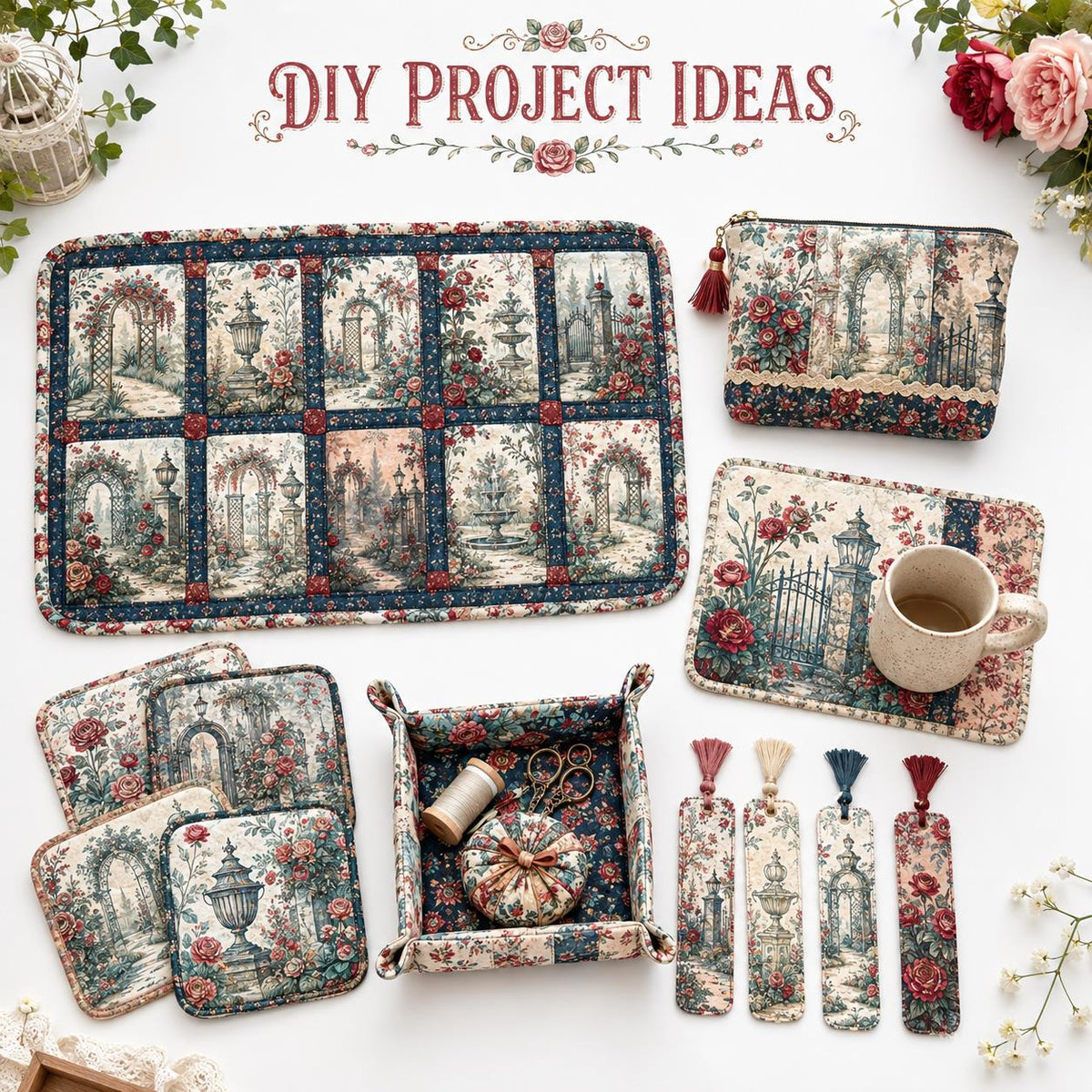 10pcs Vintage Floral Door Pavilion Pattern Jelly Roll Fabric Strips 2.5X19.7inch Pre-Cut 100% Polyester For Patchwork Quilts, Table Runners, Placemats, Tote Bags, Storage Pouches, Makeup Bags, Coasters, Quilt Blocks & Binding