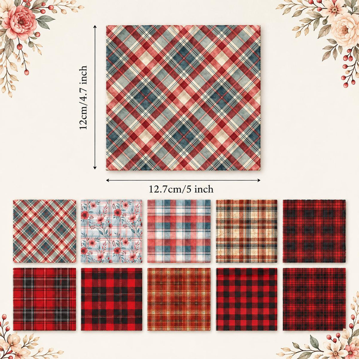 10Pc/Set Christmas Plaid Series Flower Fat Quarter Fabric, Pre-Cut Square Fabric Assort, Fabric Set, Craft Fabric, Handmade DIY Patchwork Fabric,Home Quilting Sewing Fabric, Packaging Fabric, Scrapbooking Craft Hobbyist