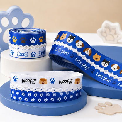 5 Yards Blue White Series Ribbon Adorned with Dog Paw Bones Pattern, Width 32mm/1.26-Inch, Two Ribbon Equipped with White Center Hook Edge, Ideal for Showcasing Jewelry And Wrapping Gifts, Creating Bows, Holiday Decorations