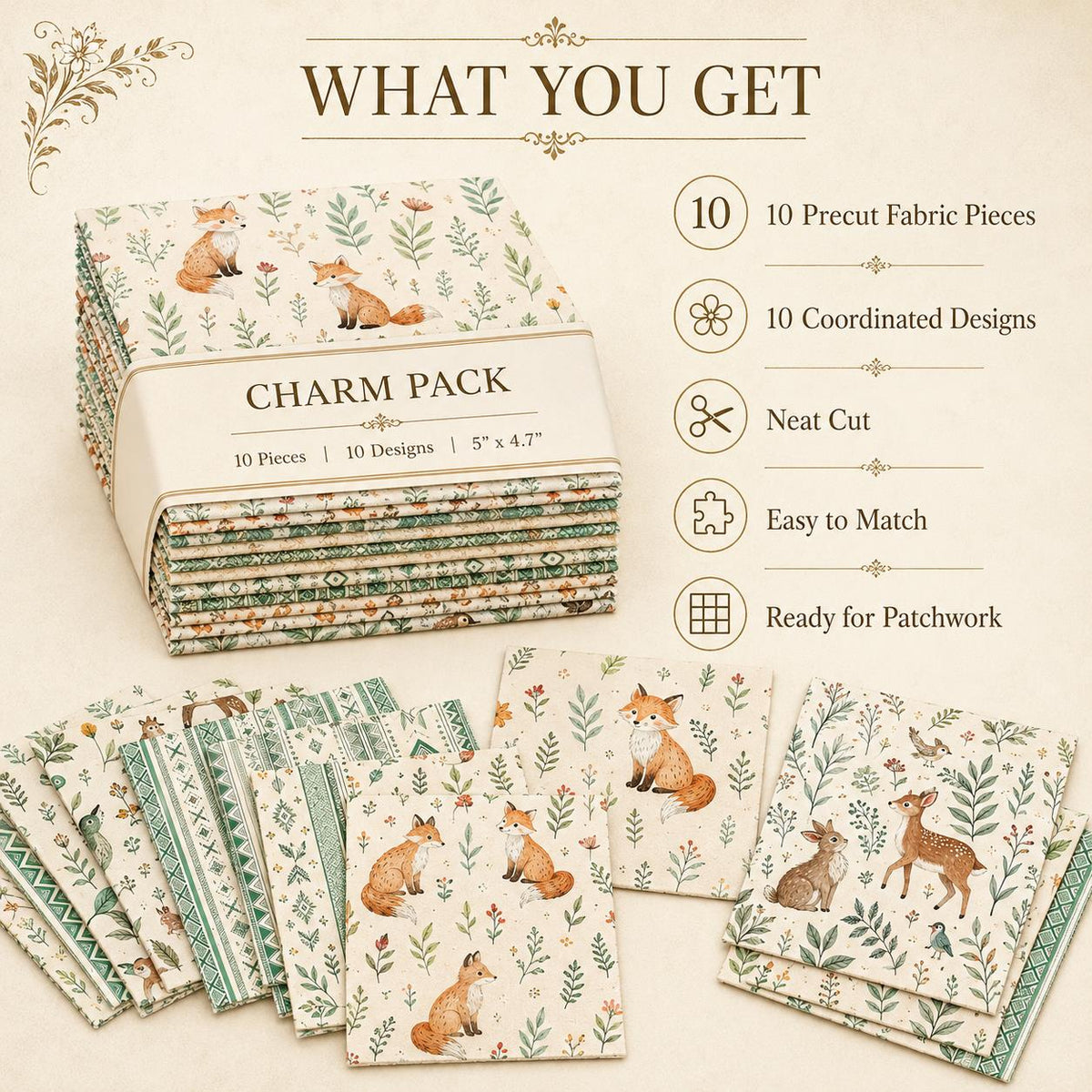 10pcs Charm Pack Set Geometric Fox Grass Pattern Vintage Style Handmade DIY with Rich Color and Texture Elements 100% Polyester Patchwork in 10 Design Styles Suitable for Patchwork DIY Craft Projects DIY Wallet Making Gift Giving Bag Making Mother's Day G